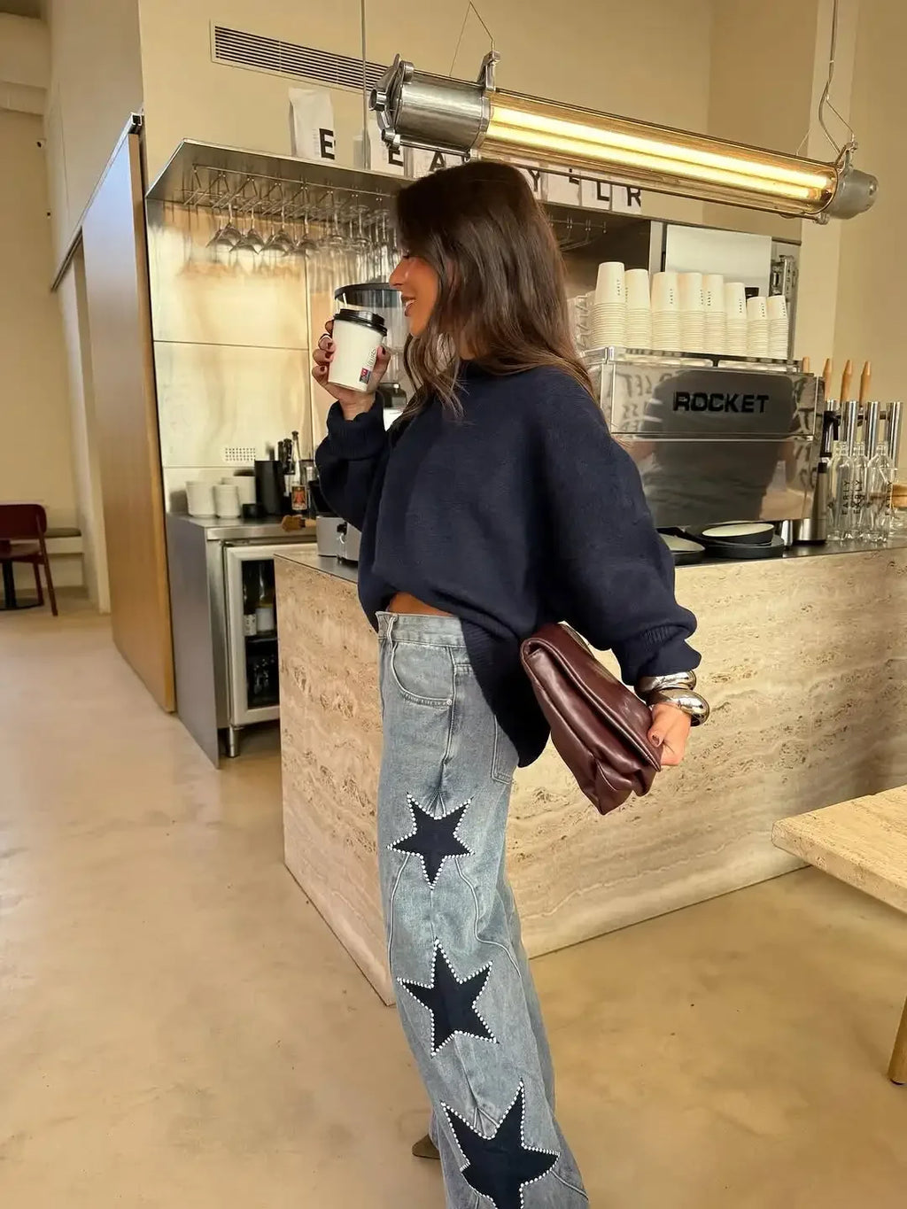 Women Blue Wide Leg Jeans Lady High Waist Star Patchwork Denim Pants Loose Fit Straight Leg Trousers 2026 New Casual Street Wear