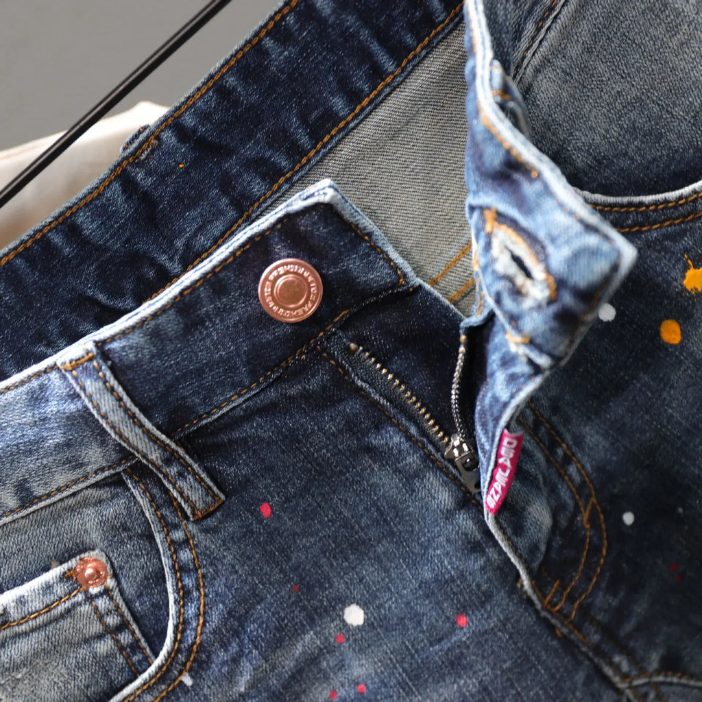 Men Fashion Denim Shorts Jeans New Summer Male Blue Ripped Jeans Shorts High Quality Man Paint Splash Technology Denim Shorts