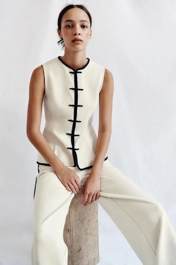 No-Sleeve round Neck Rope Knot Top Wide-Leg Straight Cut Pants Two-Piece Set Women's Fashion Autumn Collection