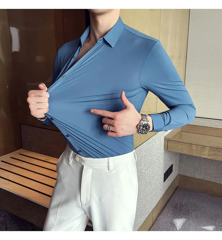 Men's Ultra Stretch Seamless Long Sleeve Shirt Top Quality Business Casual Breathable Stretchable Solid Color Formal Dress Shirt