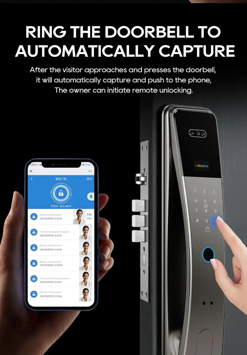 SANKESONG Tuya Smart 3D Face Door Lock Security Camera Monitor Intelligent Fingerprint Password Biometric Dual Battery