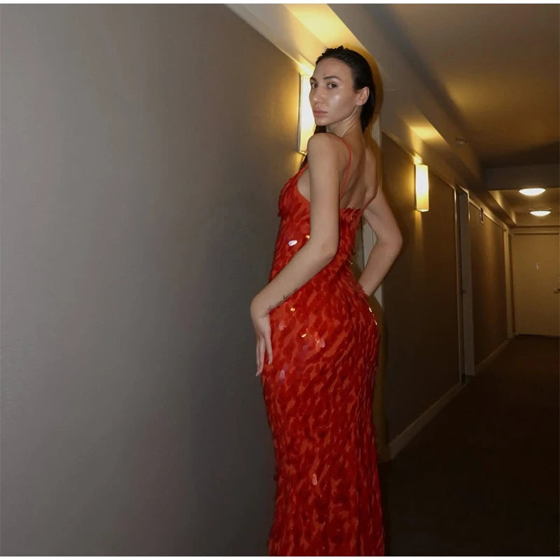 Women Sequin Sling Maxi Dress V-neck Solid Backless High Waist Sleeveless Dresses 2025 Fashion New Summer Lady Party Robes