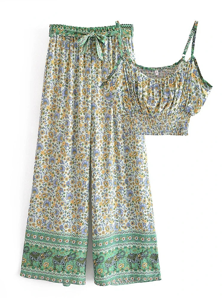 Vintage Chic  Women Floral Print Outfits Strap Sleeveless Tops Bohemian Suits Drawstring Pants 2 Pieces Rayon Cotton Boho Sets