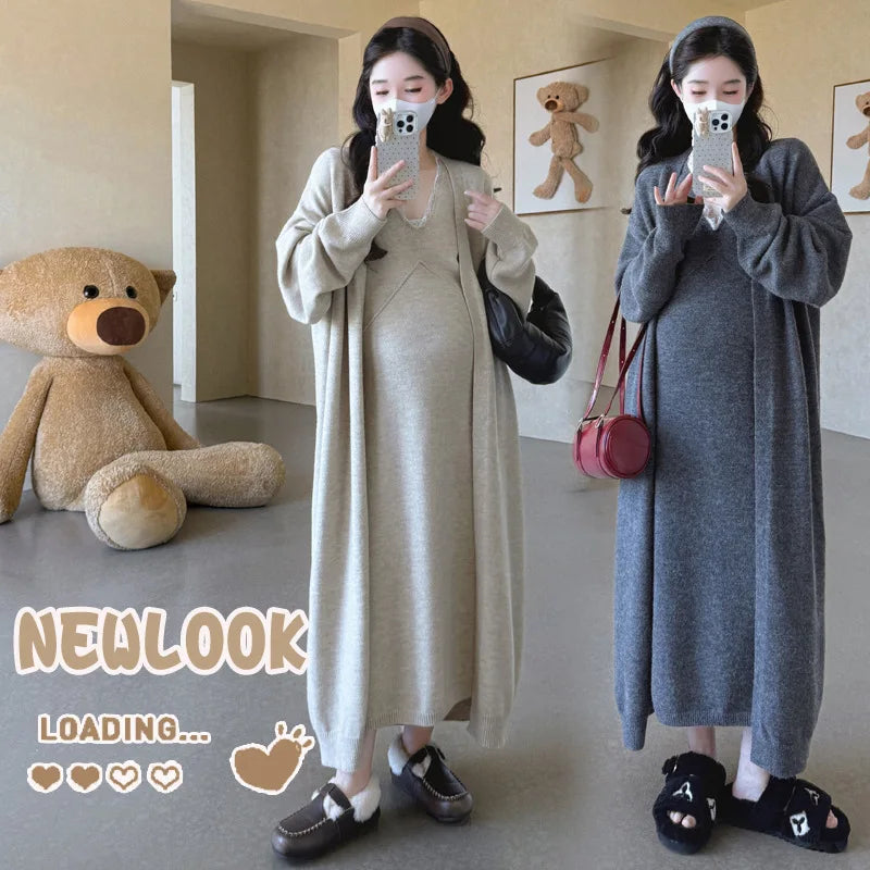 Maternity Suit  Autumn High-End Lazy Style Versatile Long Coat And Lace Paneled V Neck Straight Tank Dress Two Piece Set