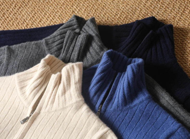 Men's Coat Winter Thickened New 100% Merino Wool Sweater Business Casual Zipper Lapel Cardigan Long Sleeved Warm Knit Jacket