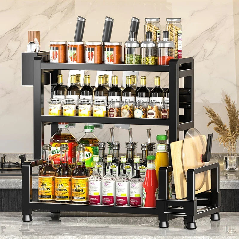 Kitchen Spice Rack Organizer, 3 Tier Adjustable Metal Storage with Knife Holder Hooks Black