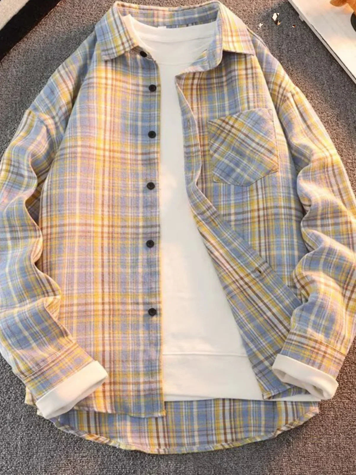 Retro Japanese Plaid Long Sve irt Men's Casual Loose Fit Spring Autumn Wear for Students And Couples Youth Faion