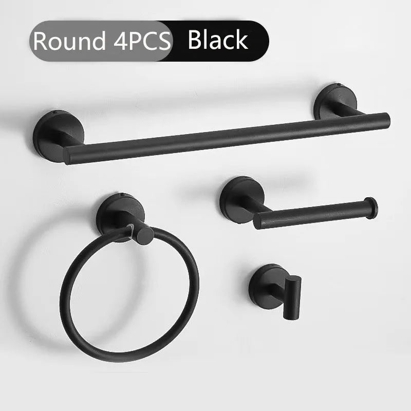 4pcs Bathroom Punch-free Towel Bar Set Stainless Steel Bathroom Hardware Wall-mounted Towel Rack Hook Tissue Holder