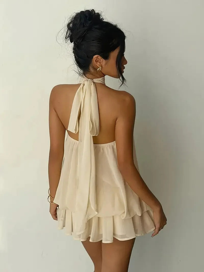 Women Halter Neck Backless Tie Mini Dress Summer Sleeveless Chiffon Ruffle Short Dresses Sexy Club Party Beach Vacation Outfit