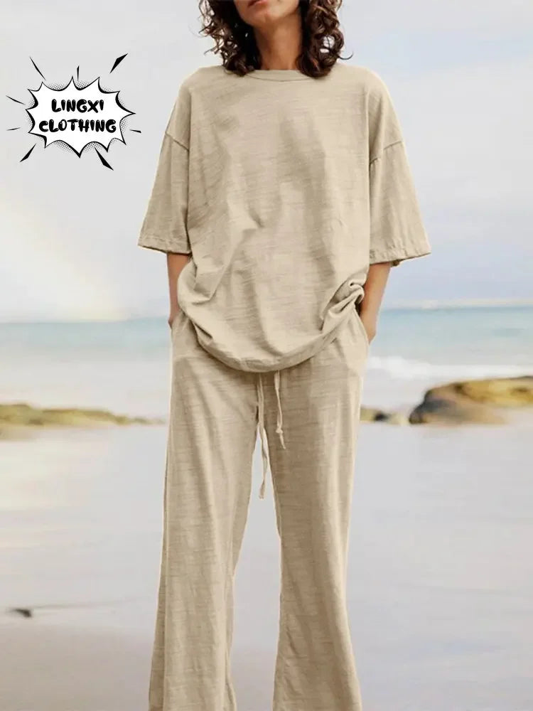 Fashion Women's 2-piece Set 2024 Summer Casual Pocket Set Half Sleeve O-Neck Top and Wide Leg Large Outline Pants Set