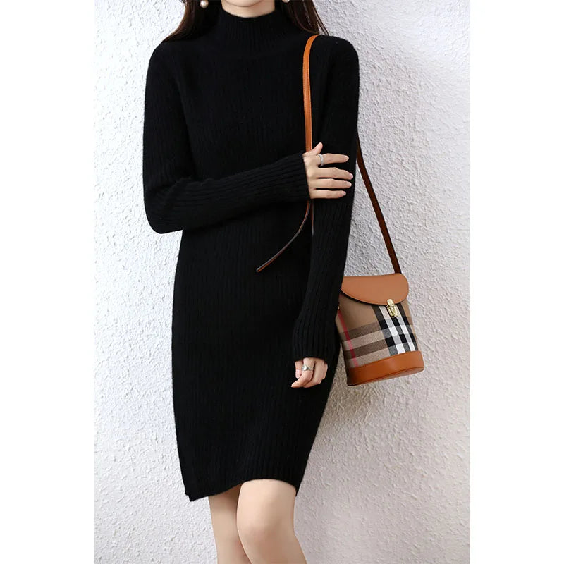 Fashion Cashmere Sweater Womens Knitted Dresses 100% Merino Wool Turtleneck Elegant Dress Autumn Winter Long Sleeve Short Skirts