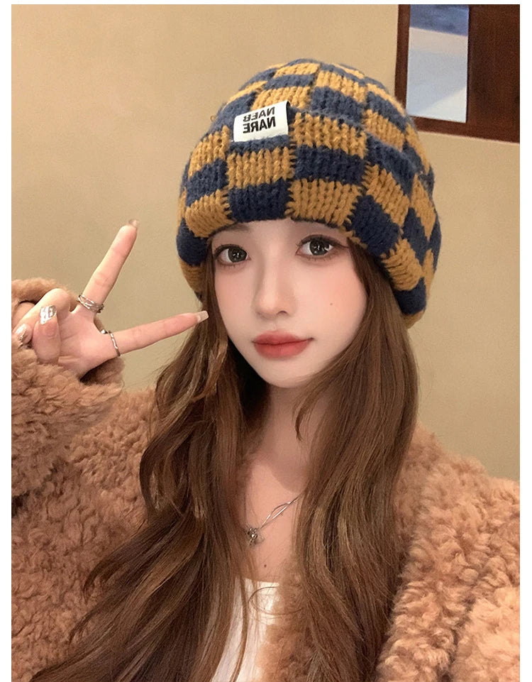 Luxury Brand Chessboard Plaid Knitted Hat Women Winter New Big Size Hat Warm Beanies Skullies Green Red Xmas Christmas Hat