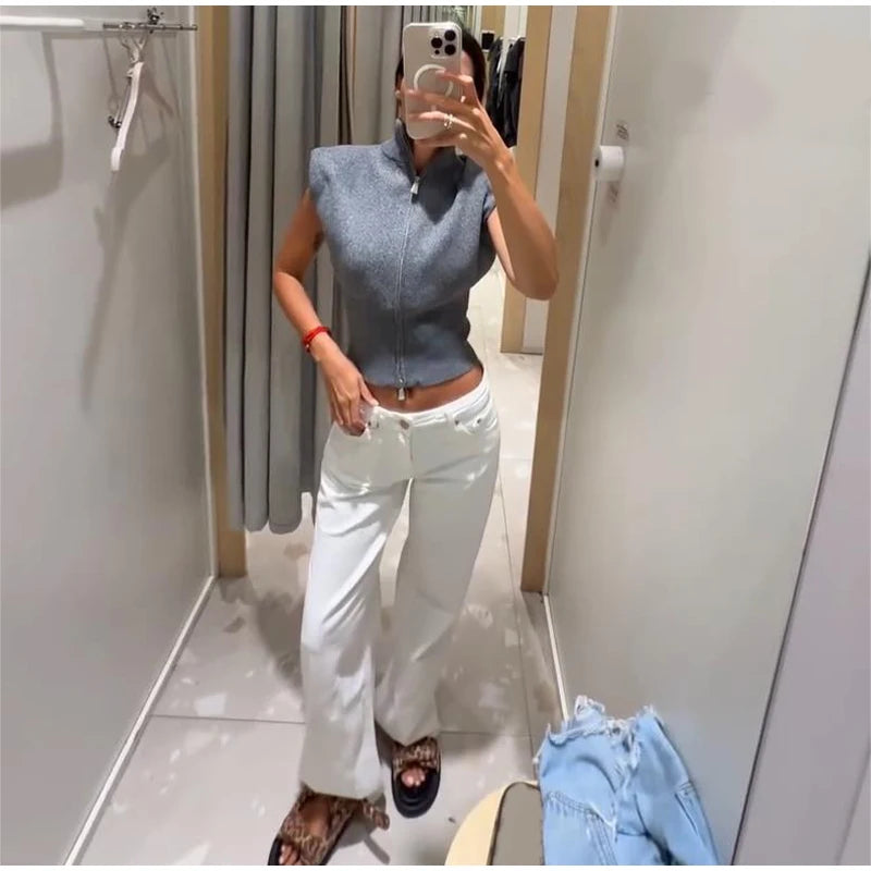 Women's Double Zipper Knit Vest Stand Collar Shoulder Pad Sleeveless Slim Cropped Sweater 2026 Autumn All-match Casual Outfits