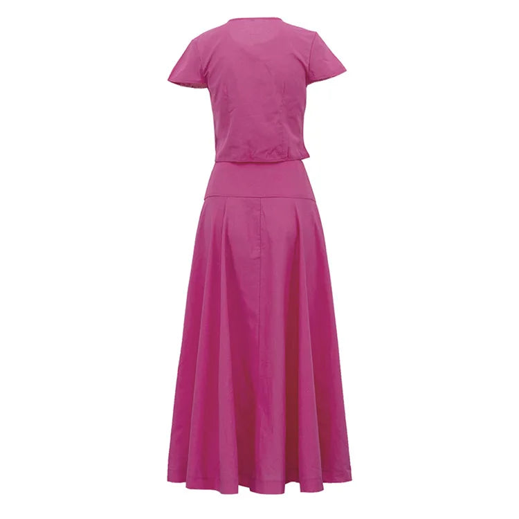 Two Pieces Women Dress Sets Solid Matching Sets Button Short Sleeves Top Empire Waist Ankle Length Skirt Loose Fit 2026 Summer