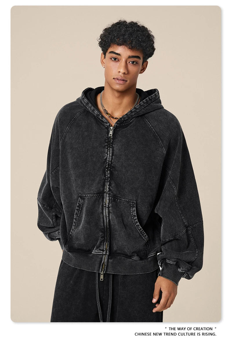 ZODF Heavy Wieght 480gsm Washed Cotton Boxy Zipper Hoodies For Man Unisex Retro Patchwork Off Shoulder Hooded Coats HY1152