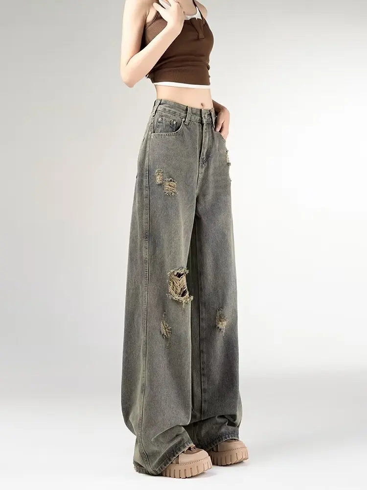 Women's Vintage Distressed Jeans High Waist Wide Leg Straight Denim Pants Loose Fit Summer Trousers 2025