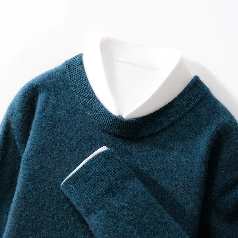 100% wool men's round neck solid color loose knit cashmere pullover for business and leisure, keeping warm in autumn and winter