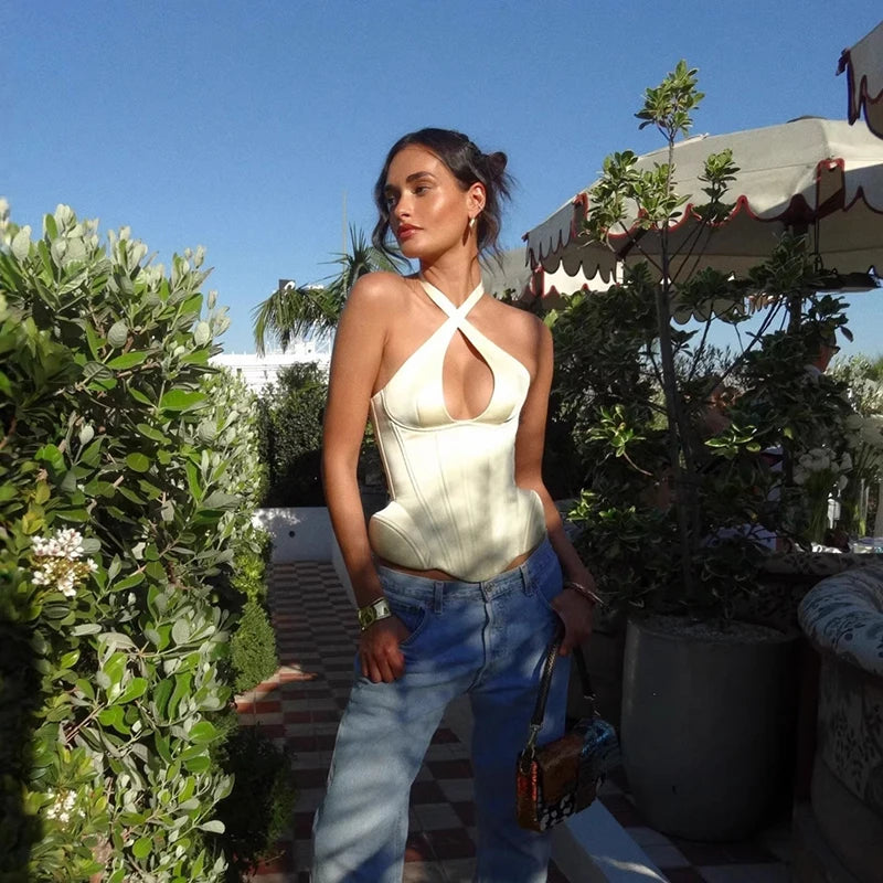 Women Top Floral Printed Spaghetti Strap Corset Top U-Neck Fishbone Boned Cinched Waist Irregular Hem Retro Vacation Camisole