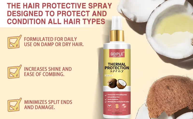 GOIPLE Coconut Thermal Protector Spray Hair Protectant Paraben Dye Free Protects Heat Damage Suitable for Men & Women Daily Care