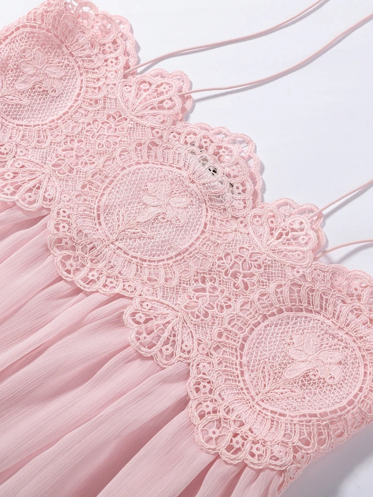Lace Patchwork Pleated Slip Long Dress Women Sexy Spaghetti Strap Sleeveless Backless Loose Evening Dresses Chic Ladies Vestidos