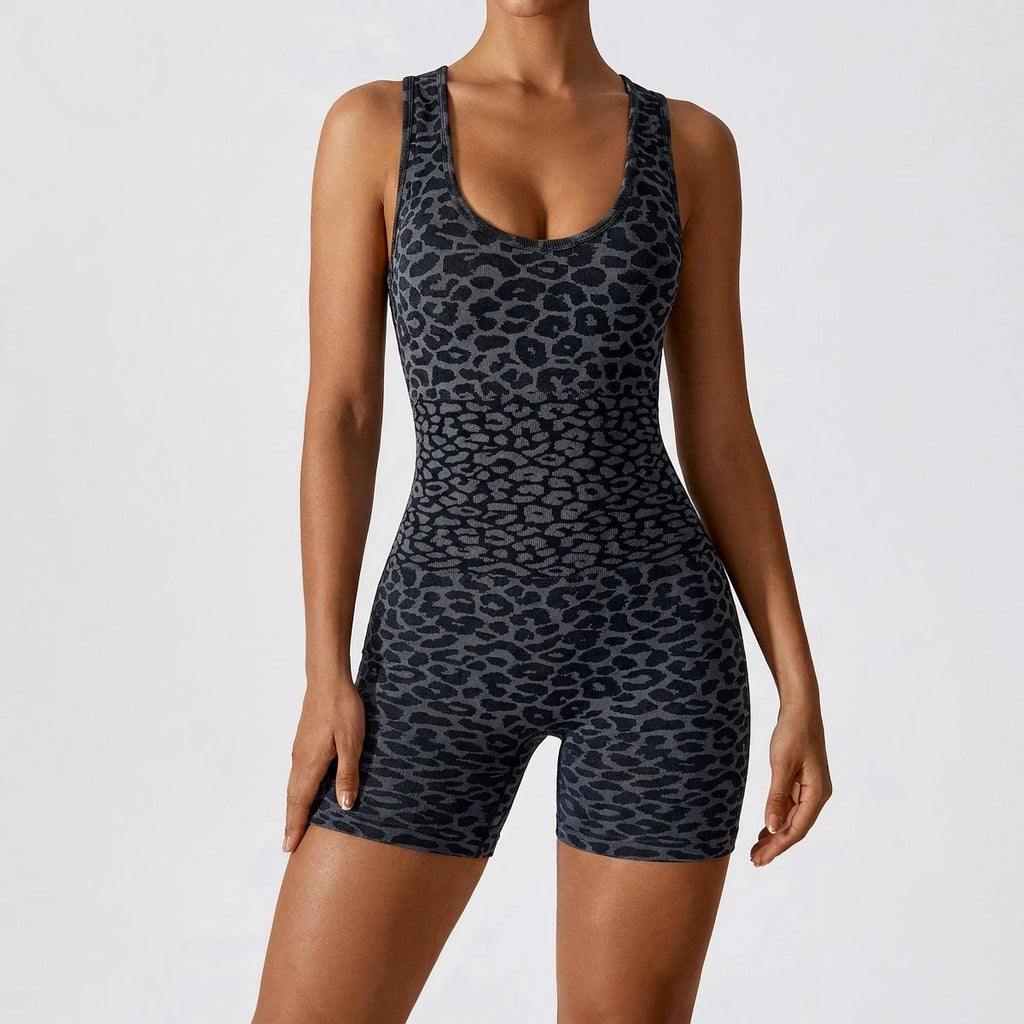 Greenora Leopard Print Yoga Jumpsuit Women Backless Sexy Bodysuit Push Up Gym Romper Peach Lift Fitness Activewear Sportswear