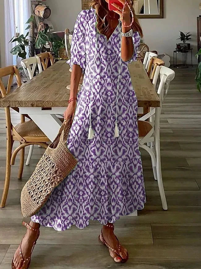 FALL Summer New 2026 Women's Casual Sweet Loose Sexy V-neck Drawstring Fashionable Printed Long Sleeved Boho Bohemian Dresses