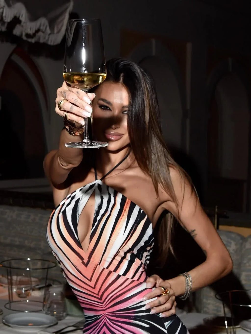 Y2k Geometric Gradient Stripe Jumpsuittie Halter Front Keyhole Backless Slim Fit Flared Floor Length Pants Night Out Outfit 2026