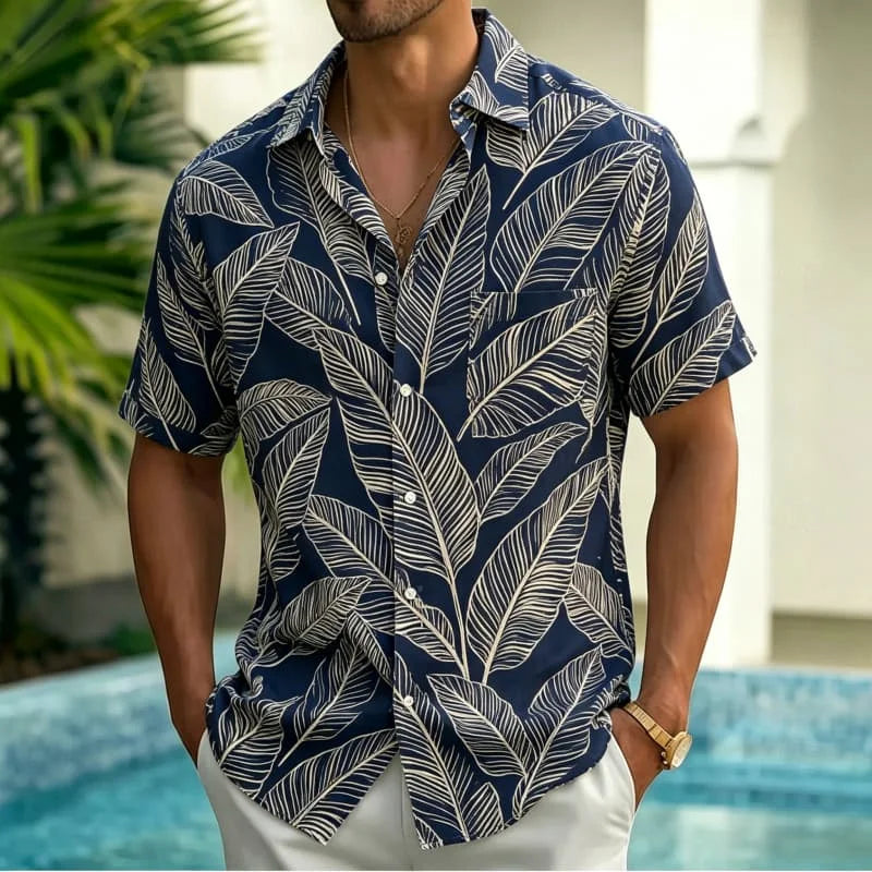 Men's Line Drawing Style Tropical Printed Short Sleeved Pocket shirt, Fresh And Simple style, For Vacation And Daily Wear