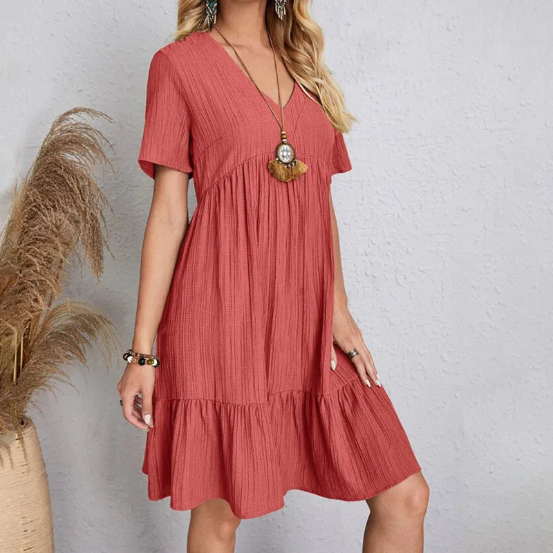 2023 Faion Women's Casual Dr Skirt Lady's Clothing Polyester Fiber A-Line Skirt ort Sve V-Ne Loose Waist Summer D...