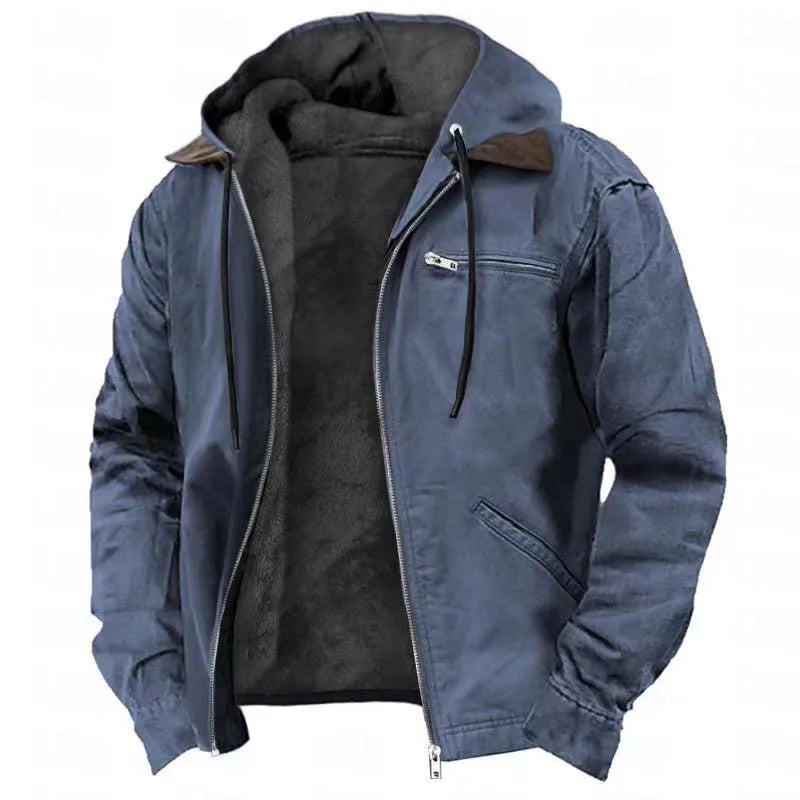 Winter New Men Casual Jackets Hooded Zipper Pocket Fashion Solid Color Fleece Warm Outerwear Male Outdoor Hooded Hoodie Coats