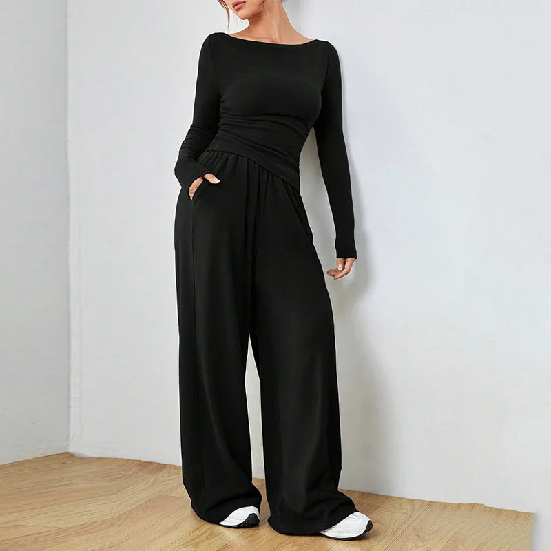 Trendy Slim Solid Color Trousers Suit For Women Simple Slim Irregular T-shirt Wide-leg Trousers Two-piece Casual Spring Suit