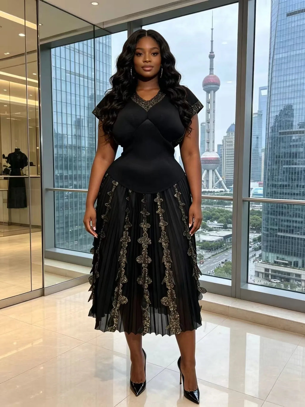 2026 Spring and Summer Retro High Waist and Thin Bronzing Suit  V-neck Bat Sleeve Versatile T-shirt Skirt Two-piece Suit Women