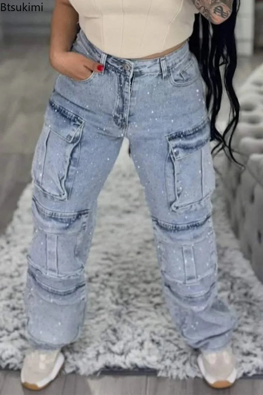 New 2026 Women's High Waist Cargo Denim Jeans with Full Rhinestones Sparkling Casual Baggy Pants Streetwear Chic Daily Trousers