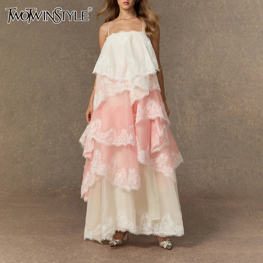 TWOTWINSTYLE Colorblock Loose Spliced Ruffles Dress for Women Square Neck Sleeveless Patchwork Lace Dresses Female Elegant New