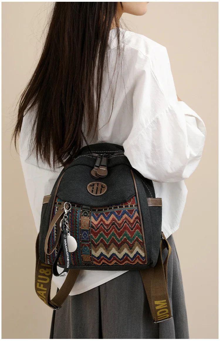 Denim ethnic style embroidered women's double shoulder bag, color-matched large capacity backpack, multi-purpose crossbody bag