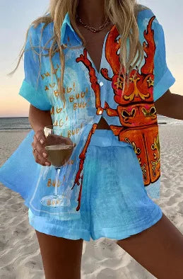 Fashion Print Beach Holiday Set For Women Summer New Short Sleeve Buttoned Shirt Wide Legs Shorts Oversized Two Piece Set