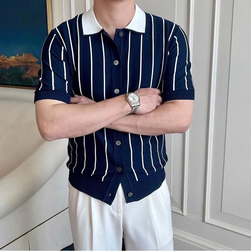 New Men Fashion Knitted Cardigan Tops Casual Patchwork Polo Shirt Leisure Striped Short Sleeve Shirts All-match Breathable Tees