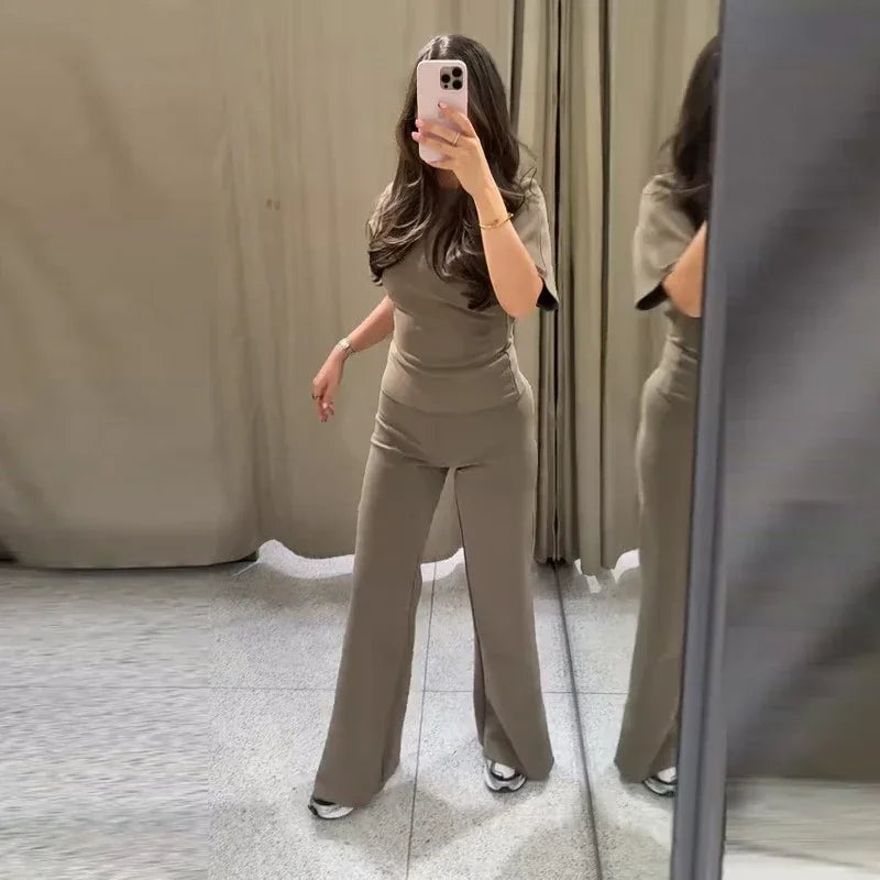 Sexy Solid Top Trousers Set Women Short Sleeve Backless Tops Long Slim Pants Sets Female 2026 Chic Summer Autumn Lady Suits New