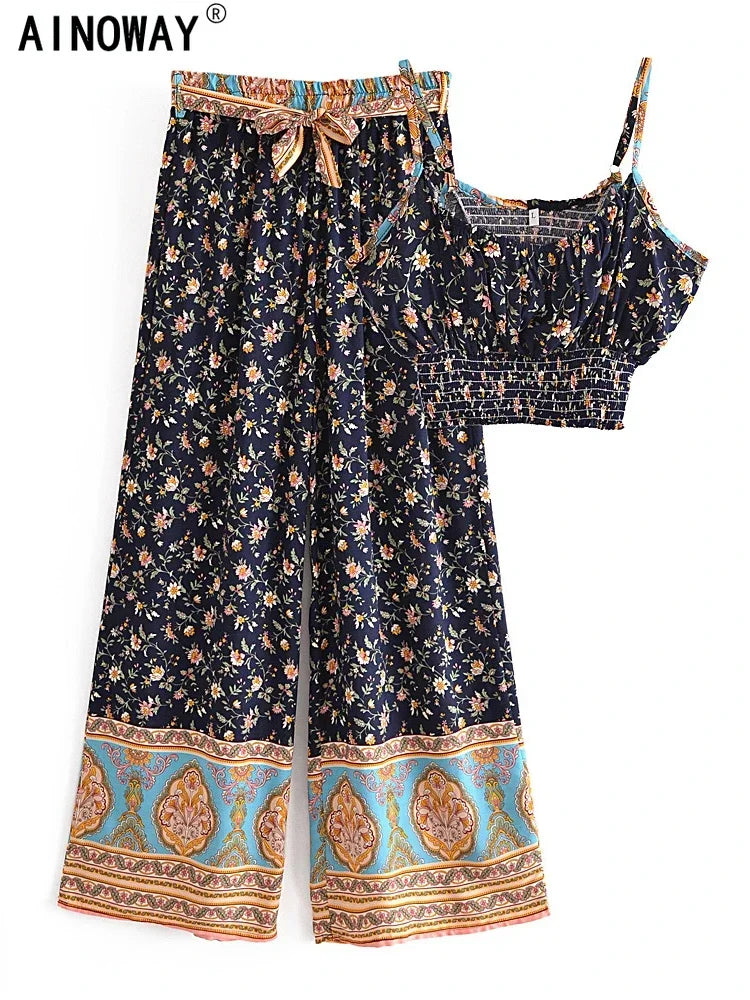 Vintage Chic  Women Floral Print Outfits Strap Sleeveless Tops Bohemian Suits Drawstring Pants 2 Pieces Rayon Cotton Boho Sets