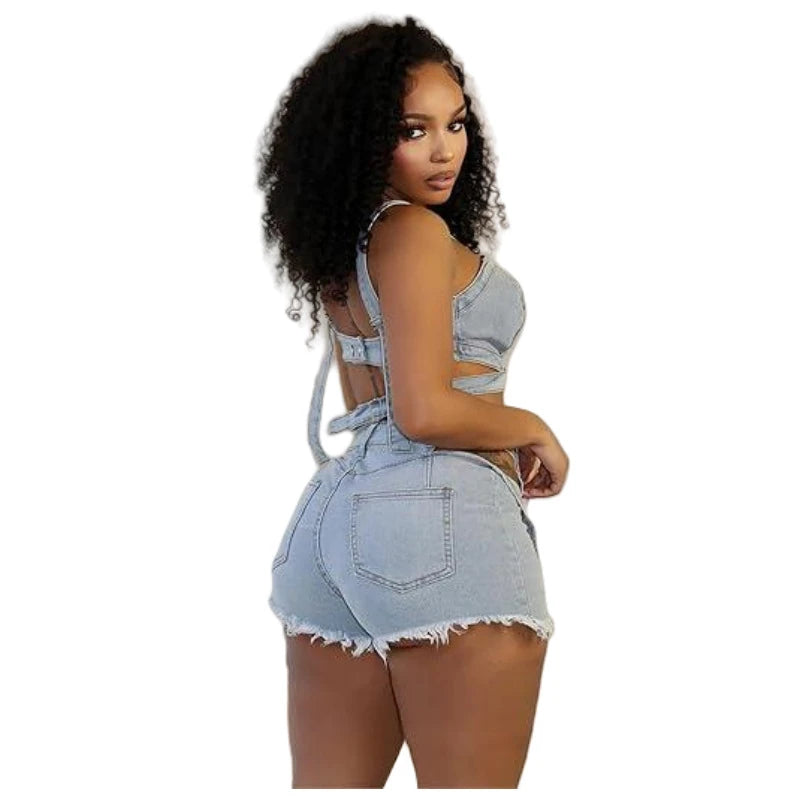 Sexy Jean 2 Piece Sets Women Outfit Summer Clothes Women 2024 Strapless Hollow Out Vest Top + Shorts Sets Street Denim Woman Set