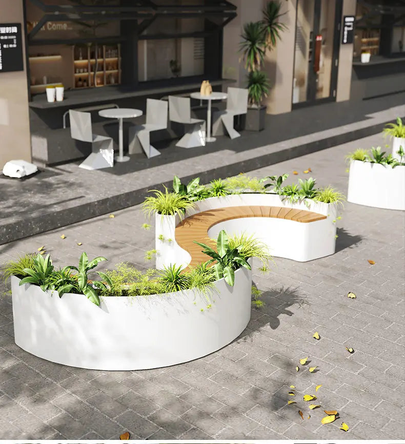 For Outdoor Curved Wood Flower Box Seat Square Park Mall Public Area Anti-corrosion Moisture-proof Leisure Bench