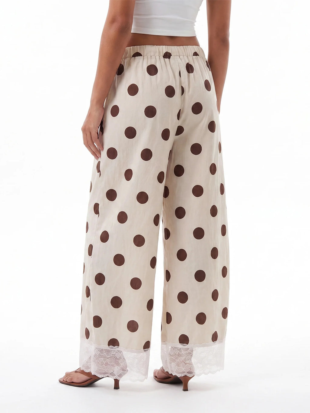 Women Y2K Retro Polka Dot Pants Lace Hem Elastic High Waist Drawstring Loose Fit Trousers Sweet French Style Vacation Bottoms