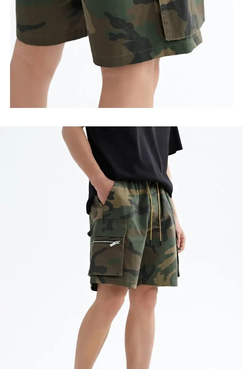 Mr. WH Camouflage Workwear Shorts Men's American Trendy Brand Casual Drawstring Sports High Street Straight Five-Quarter Pants