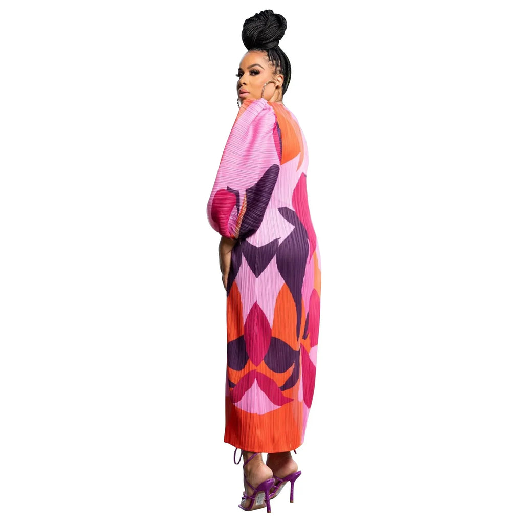 Elegant Women Pleated Half Lantern Sleeve O-neck Slim Maxi Long Dress Print Fashion Autumn 2025 Ruched Dresses Vestidos