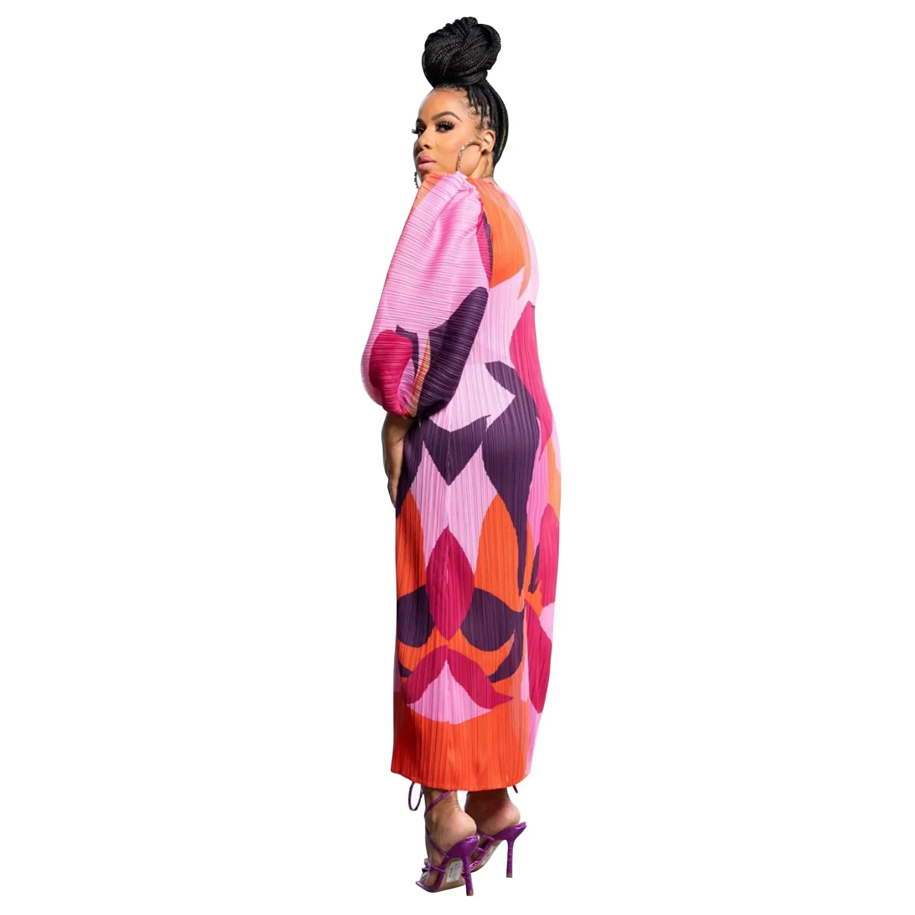 Elegant Women Pleated Half Lantern Sleeve O-neck Slim Maxi Long Dress Print Fashion Autumn 2025 Ruched Dresses Vestidos