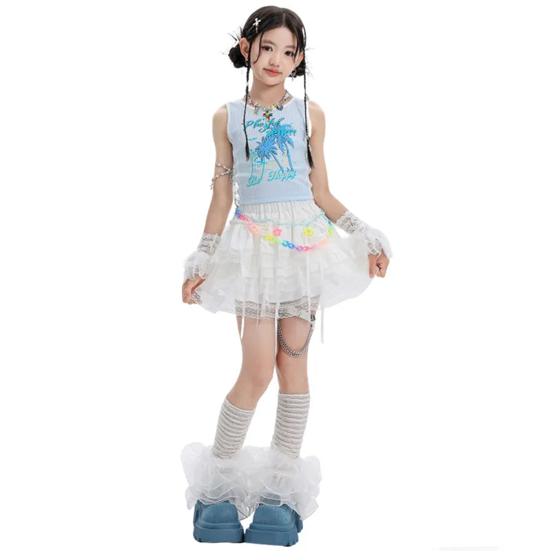 Kid Cute Hip Hop Clothing BLue Crop T Shirt Sleeves White Layered Lace Pleated Mini Skirt for Girls Jazz Dance Costume Clothes