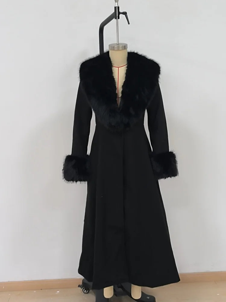 Women Wool Blend Coat Faux Fur Collar And Cuffs Fitted Waist Flared Maxi Silhouette Outerwear Winter Elegant Street Overcoat