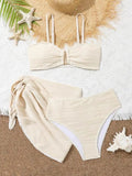 Sexy Black Beige Mesh Skirt 3 Piece Bikini Set 2027 Women Summer Metal U Wire Push Up Swimwear Bathing Suit Holiday Swimsuit