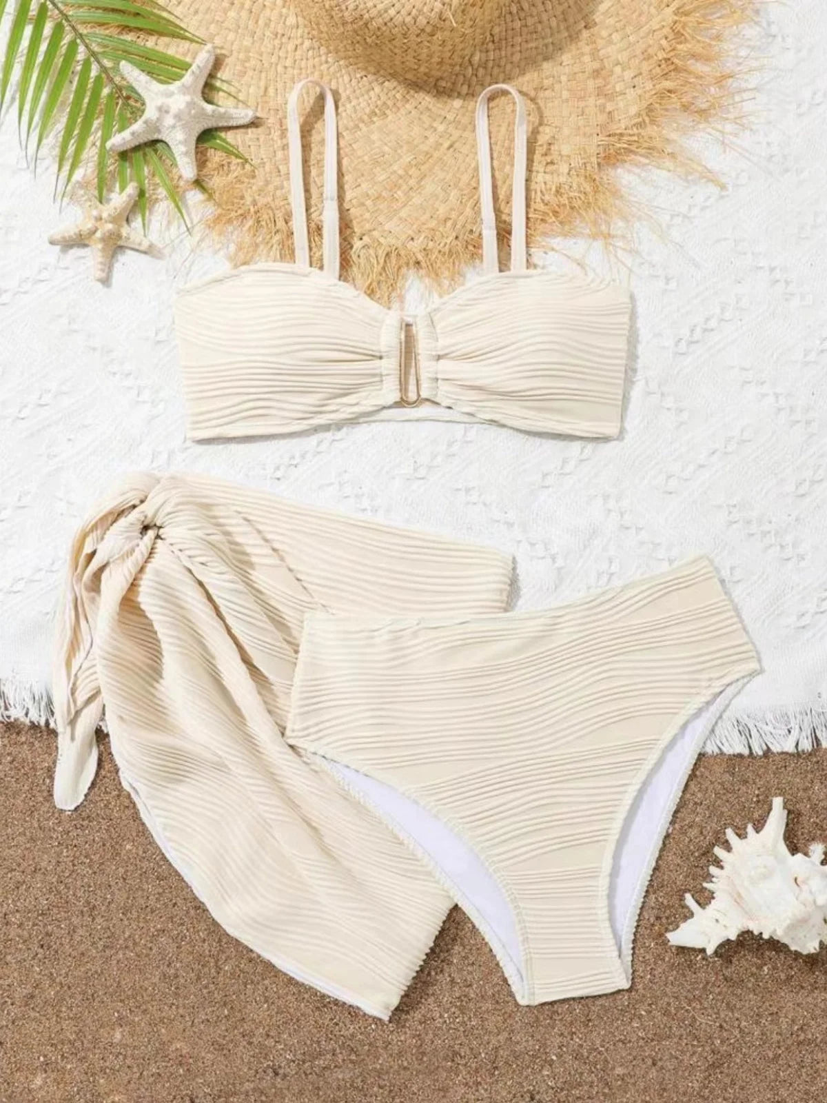 Sexy Black Beige Mesh Skirt 3 Piece Bikini Set 2027 Women Summer Metal U Wire Push Up Swimwear Bathing Suit Holiday Swimsuit