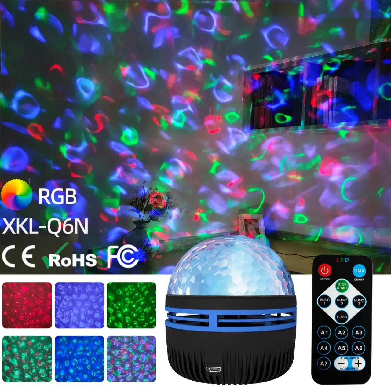 LED Water Ripple Projector Light Atmosphere Rotating Projection Lamp with Remote Control 7 Color for Home Christmas Halloween